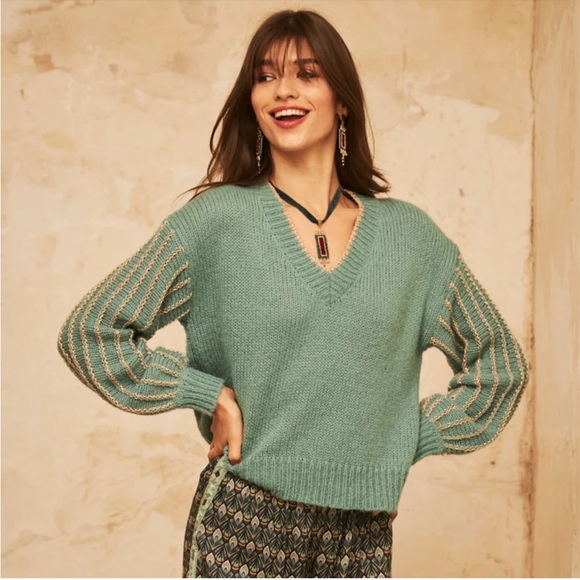 Nekane Sweaters - NKN Nekane Meli Aqua Gold Lurex V-Neck Wool Blend Sweater Small/ Medium NWT